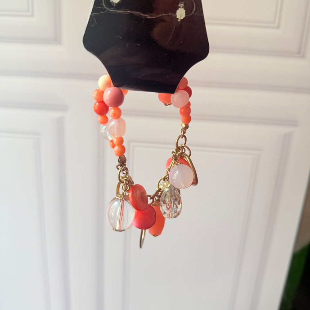 Womens Orange Coral Pink Beaded Charm Bracelet‎ and Drop Earring Jewelry Set
